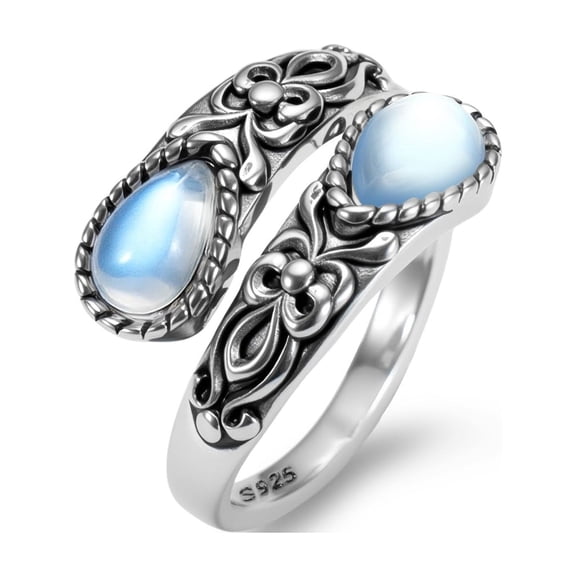 925 Sterling Silver Moonstone Ring for Women Chunky Adjustable Ring Boho Vintage Thumb Spoon Ring for Birthstone Jewelry