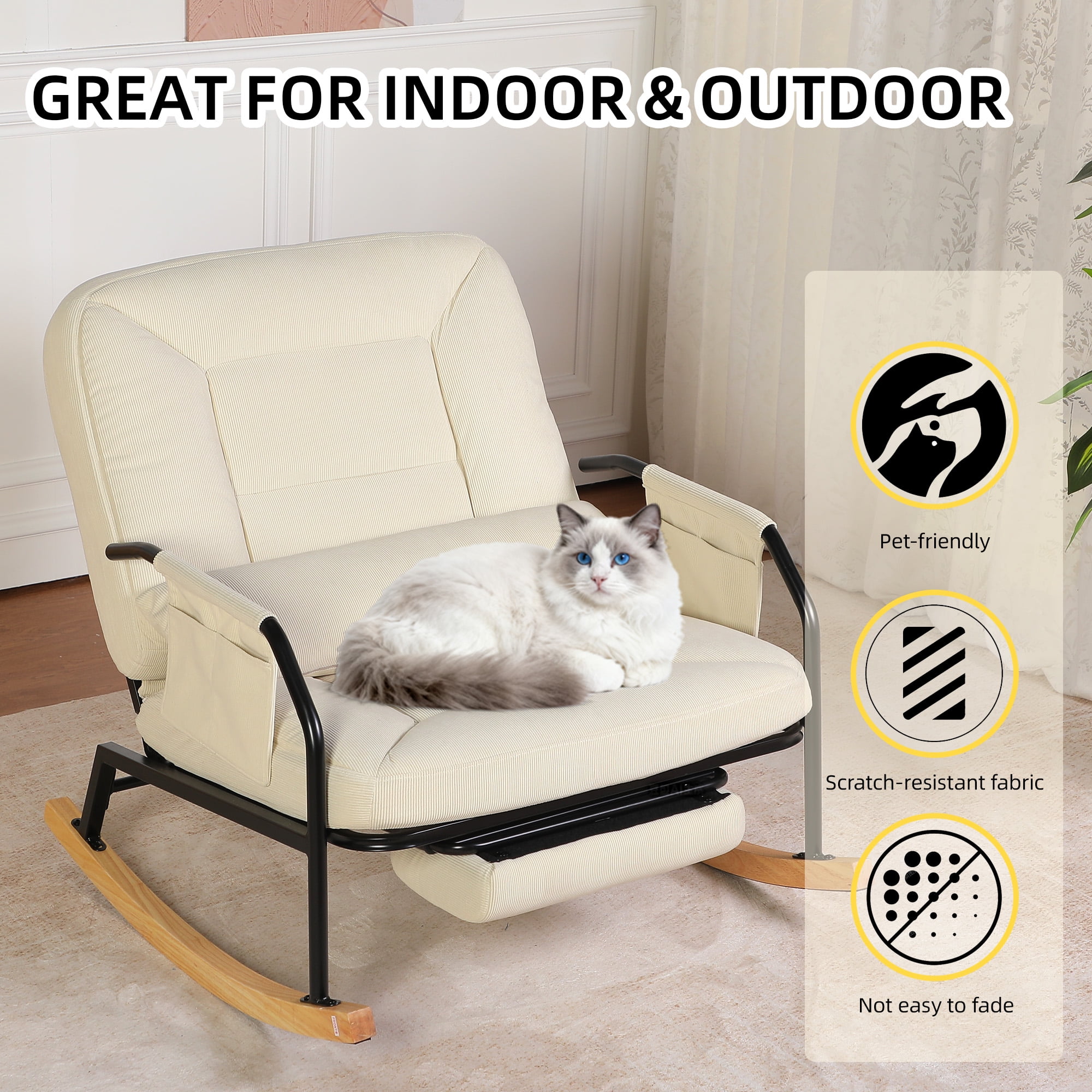 Hforesty Oversized Rocking Chair with Footrest ,Rocker Glider with Metal Farm,Wooden Bottom and Adjustable Backrest for Indoor Use: Balcony, Living Room or Bedroom.(corduroy)BEIGE