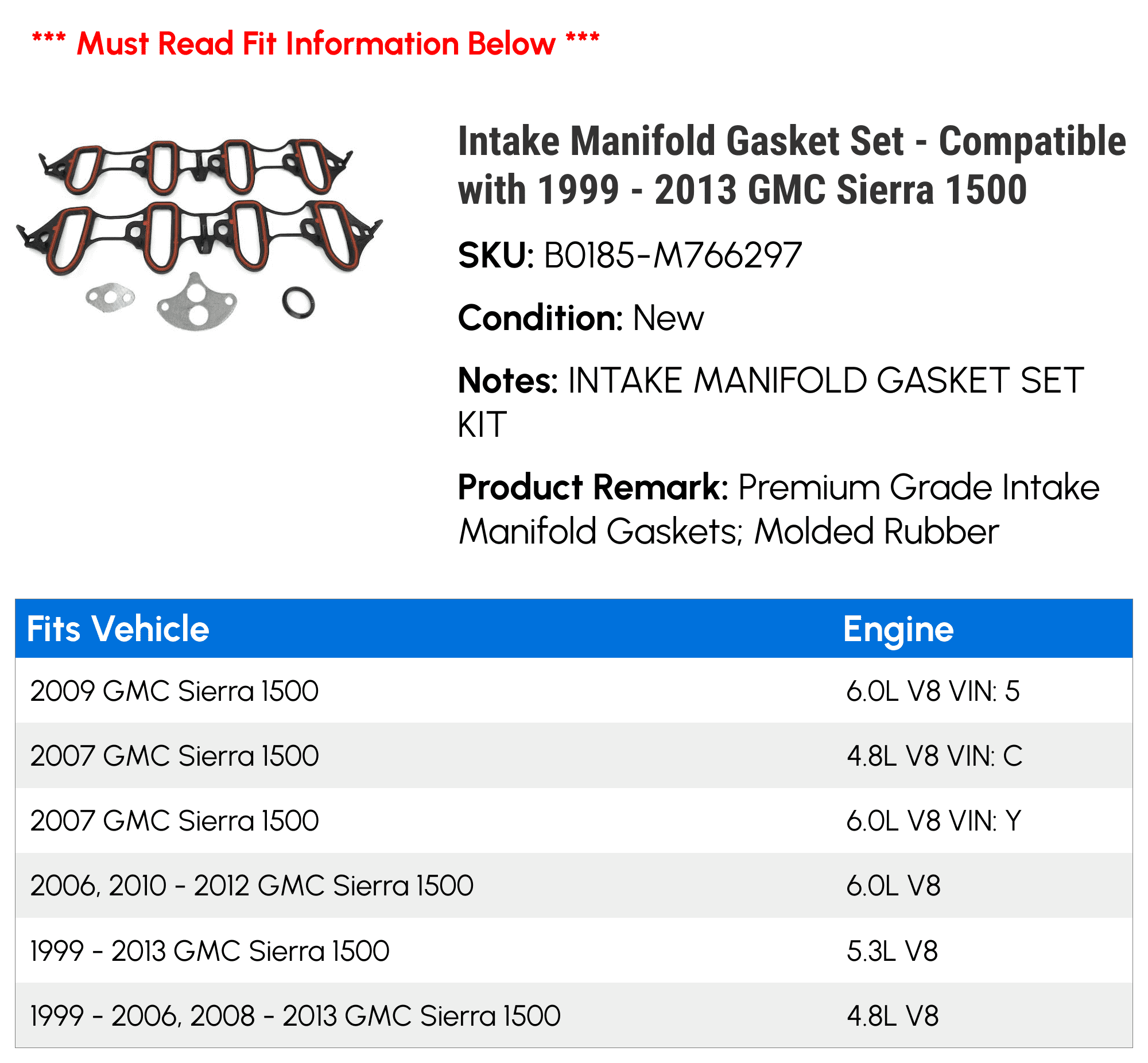 Intake Manifold Gasket Set - Compatible with 1999 - 2013 GMC Sierra 1500 2000 2001 2002 2003 2004 2005 2006 2007 2008 2009 2010 2011 2012