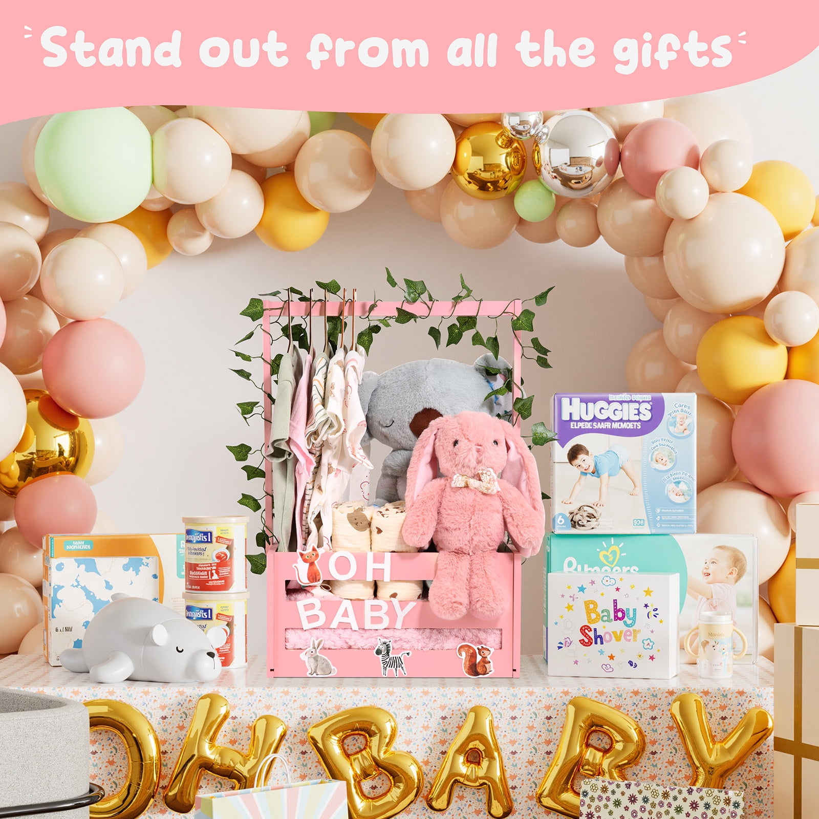 TeSabMi Baby Shower Gift Basket, Wooden Crate with Personalized Letters and Clothes Hangers, Newborn Gift Set (Pink)