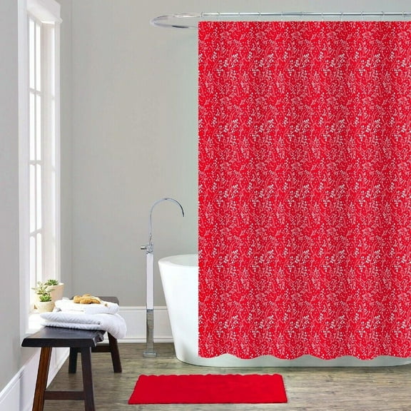 14 pieces Branches Red Bathtub Shower Curtain With 12 Hooks and Matching Bath Mat Rug Non Slip Super Soft Chenille for Bathroom Décor