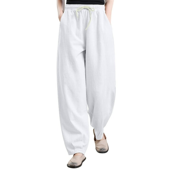 ABATAB Harem Pants for Women Casual Loose Fit Lantern Pants Drawstring Cotton Linen Trousers with Pockets