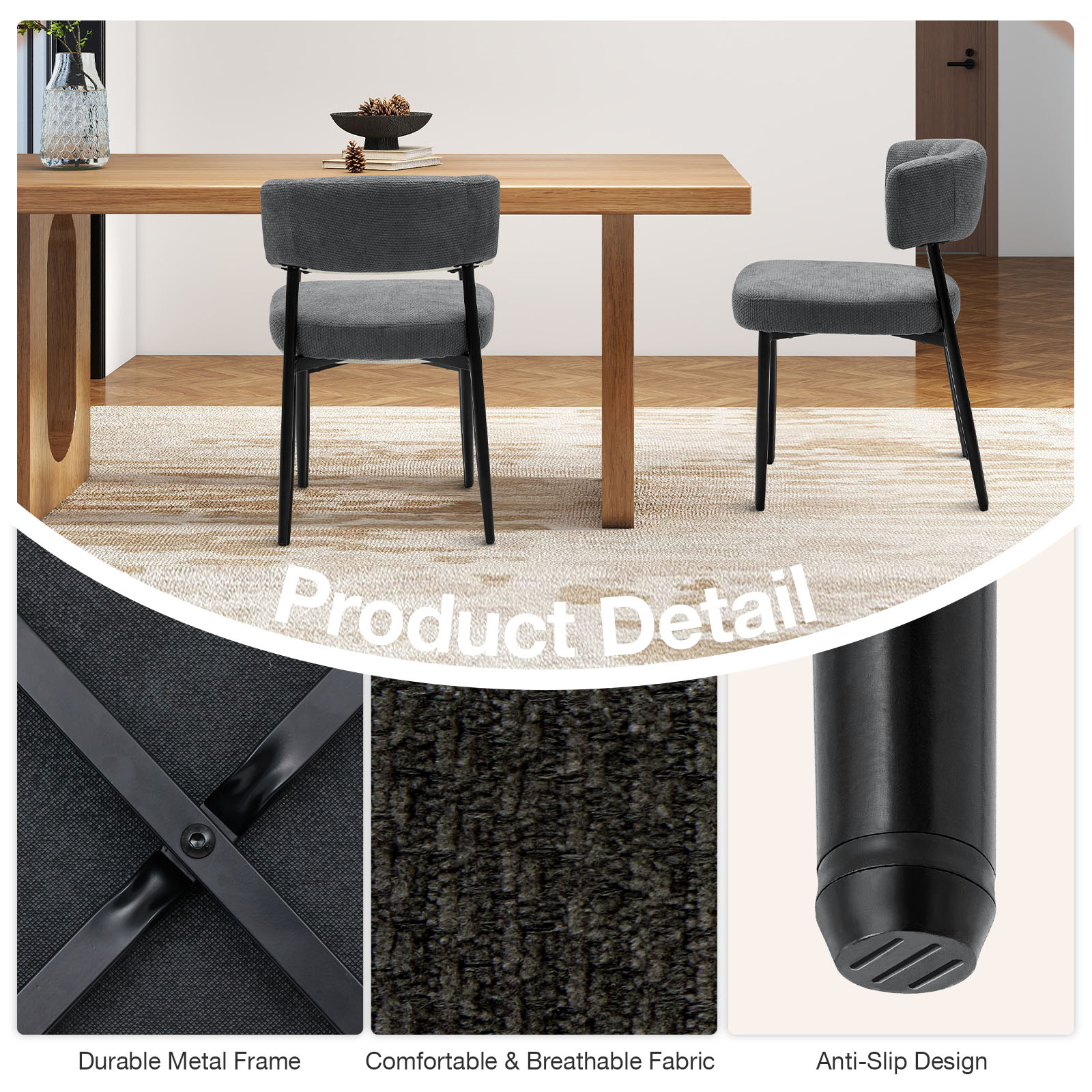 EDX Dining Chairs Set of 4, Mid Century Modern Chair Round Upholstered Curved Backrest, Kitchen Vanity Living Room Chairs with Black Metal Legs, Grey