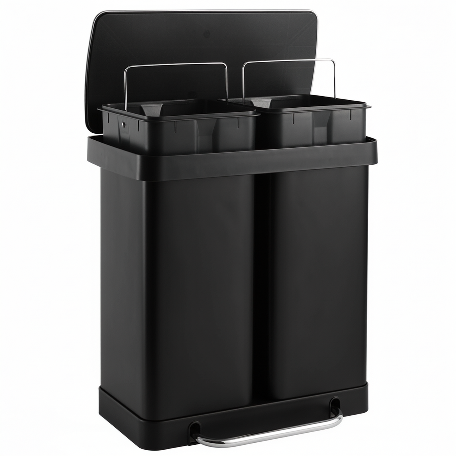 TLSUNNY 16 Gal / 60 L Double Trash Can, Stainless Steel Kitchen Step Garbage Can, w/ 2 Removable Inner Buckets, for Living Room, Office