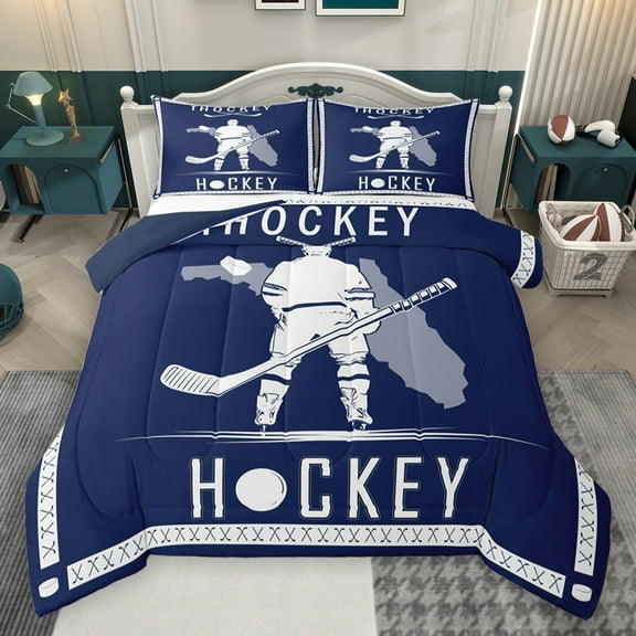 Homewish Ice Hockey City Bedding Comforter Set,Hockey Stick Twin Comforter Sets,Blue White Bedding Set For Boys,Ultra Soft Bedroom Decorative Reversible,2-Piece
