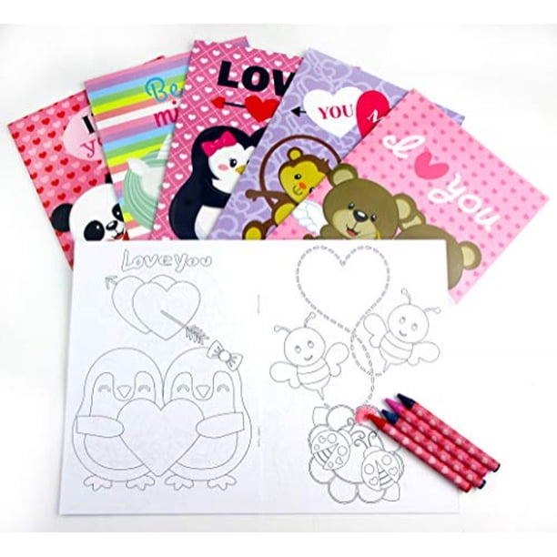 Libro para colorear de San Valentín y Crayon Set para niños Favores de fiesta con 12 libros para colorear y 48 crayones para la fiesta de San Valentín. Tinymills Ver descripción