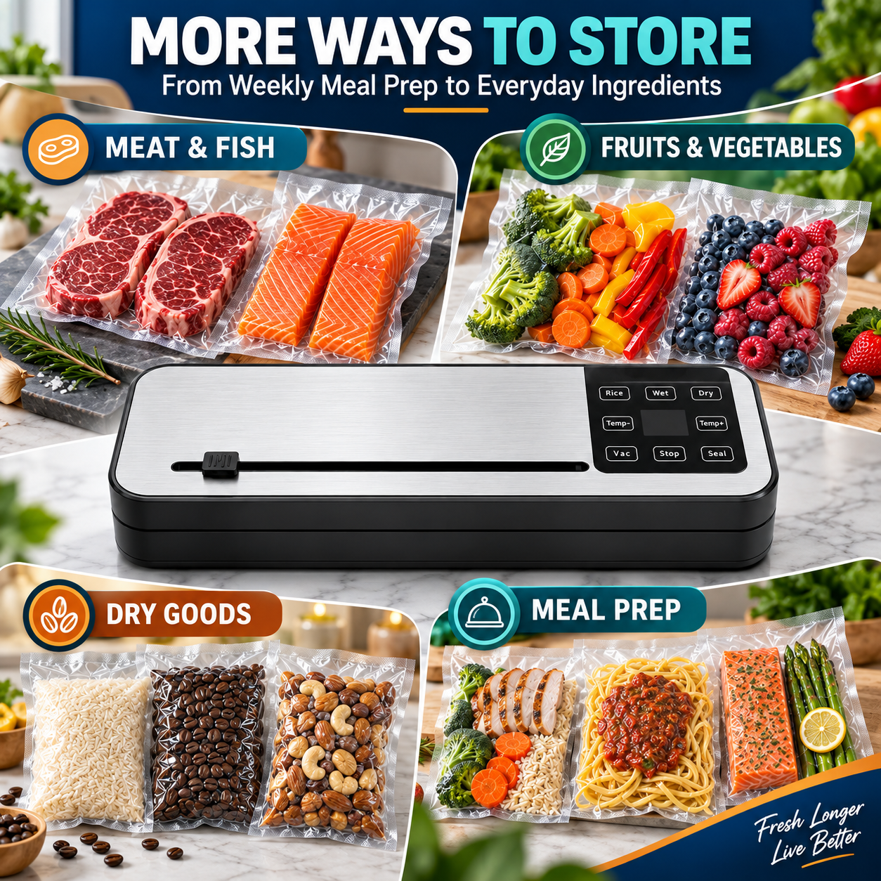 Food Vacuum Sealer Machine with 50 Pack Vacuum Sealer Bags, Food Storage Saver Dry & Moist Food Modes, Built-In Cutter