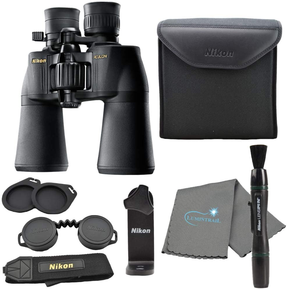 Nikon Aculon A211 10-22x50 Binoculars Black (8252) Bundle with a Tripod Adapter, Nikon Lens Pen, and Lumintrail Cleaning Cloth