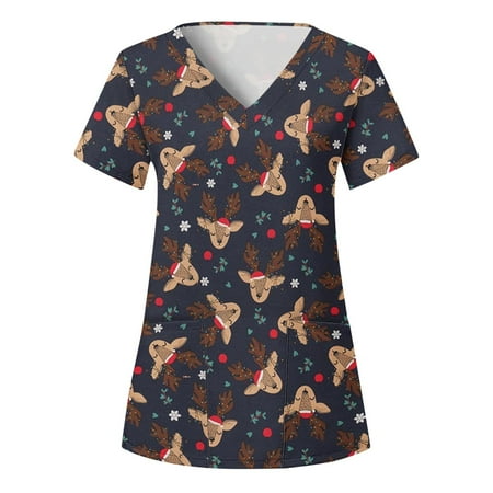 

Dezsed Womens Christmas Shirts Clearance Women Mock Wrap Top Holiday Scrub Tops Christmas Print Short Sleeve V Neck Shirt Working Uniform Printing Blouse Tops Khaki XXL