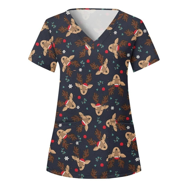 LSLJS Hauts de Noël pour Femmes Manches Courtes Col en V Uniforme de Travail Infirmier avec Poche, Hauts de Noël