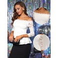 thumbnail image 2 of INSPIRE CHIC Blusa de manga 3/4 transparente con hombros descubiertos y encaje floral para mujer blanco L, 2 of 5