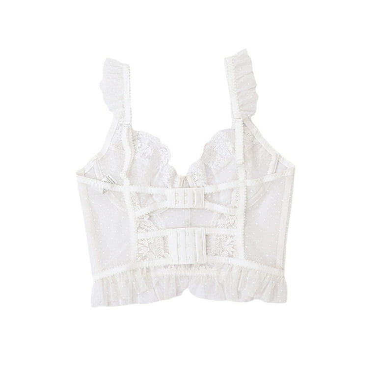Douhoow Women Bustier Bra Buttons Cropped Top Sweet White Lace