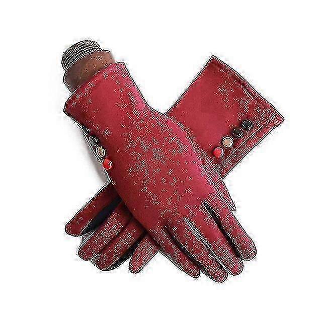 Fashion Women Winter Warm Suede Leather Touch Screen Glove Female Faux Rabit Fur Embroidery Plus Velvet Thick Driving Gloves H92 J23 Red