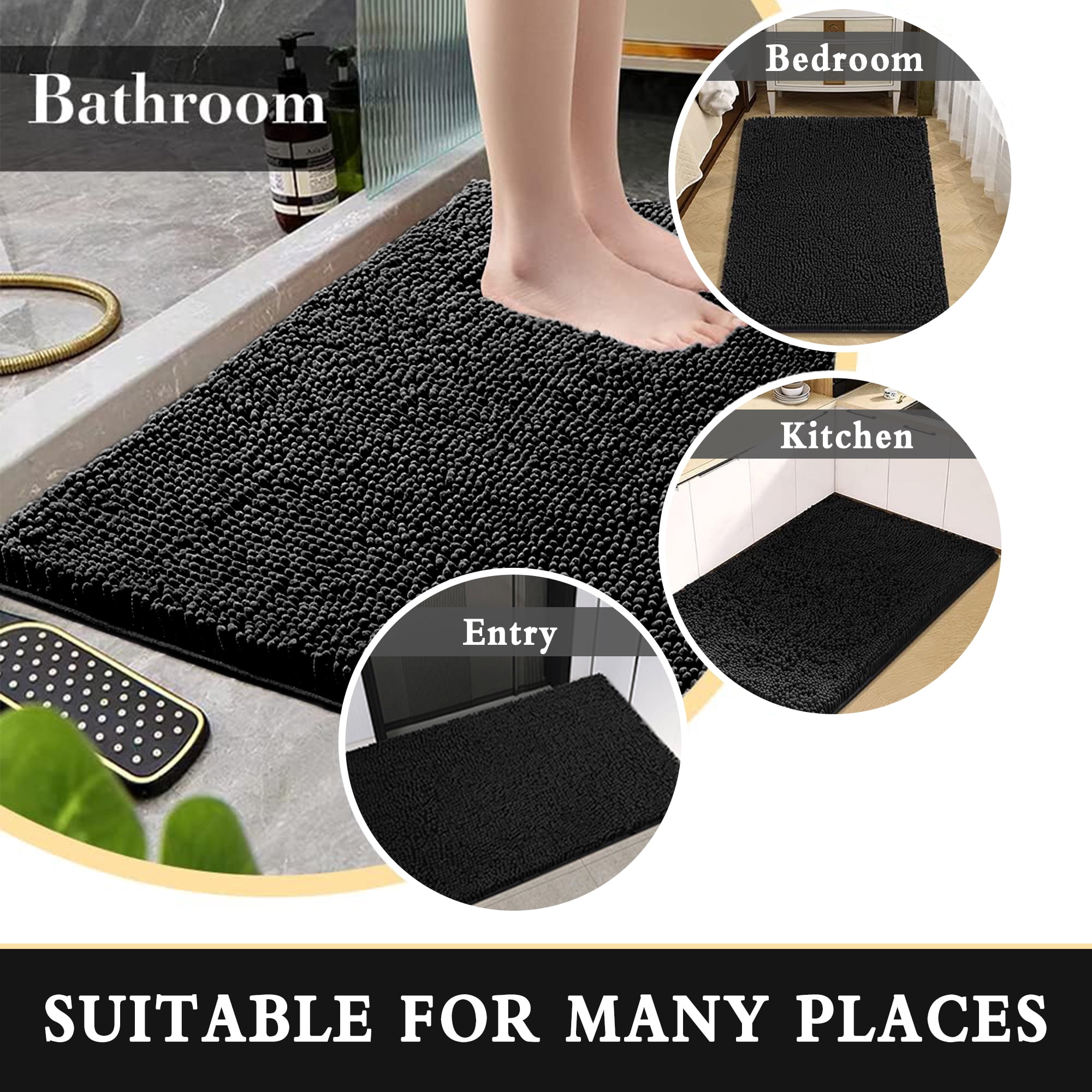 Furrygo Black Chenille Bathroom Rugs, Thick Soft Absorbent Bath Rugs, Machine Washable Bath Mats for Bathroom Floor, Tub and Shower