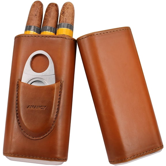 Premium 3- Finger Brown Leather Cigar Case, Cedar Wood Lined Cigar Humidor with Silver Stainless Steel Cutter