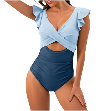 DJskiyers Ruffle Swimsuit for Women One Piece Bathing Suit Color Block Swimwear Tummy Control Swimming Suit Trendy Cruise Wear