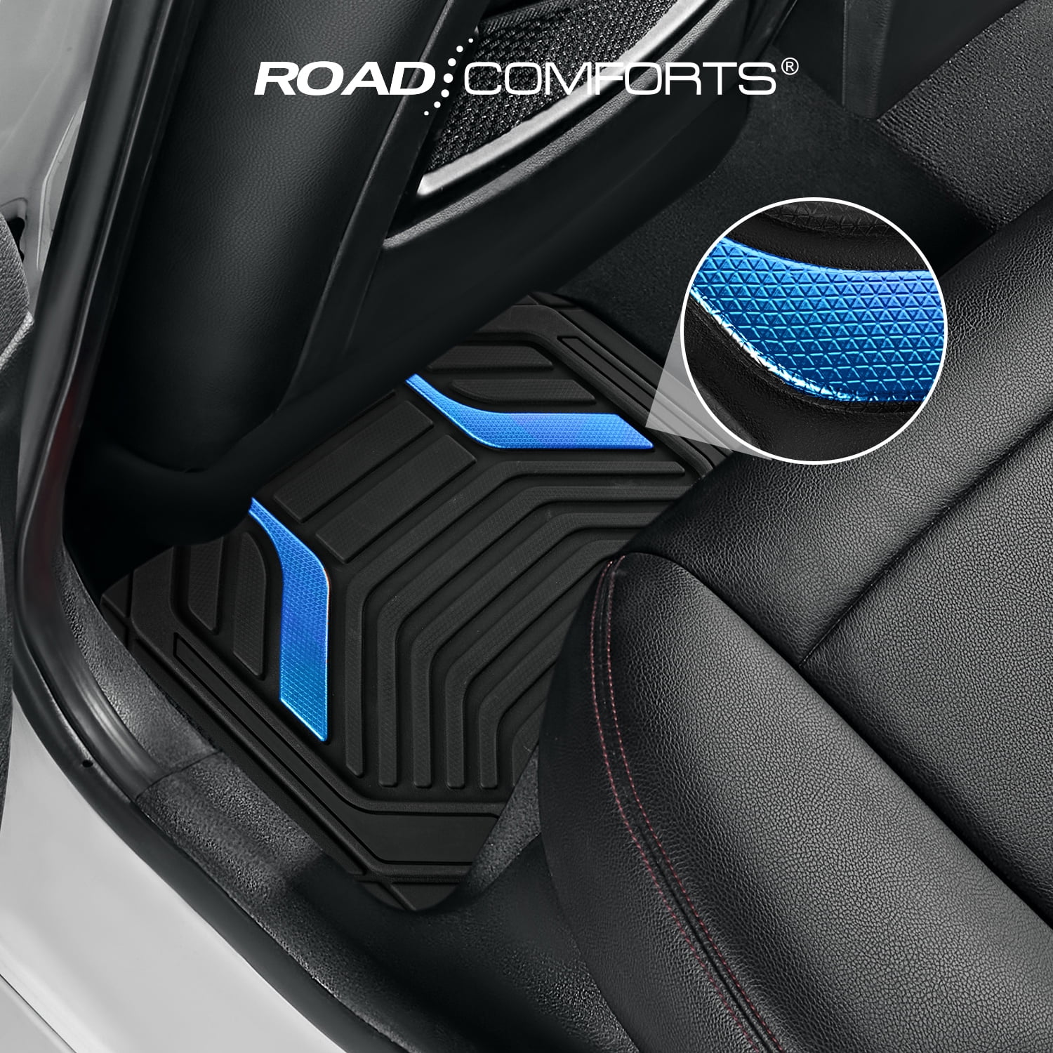 Road Comforts Heavy Duty Rubber Floor Mats Blue Aluminum Film Car Mats Set, Front and Rear Car Mats