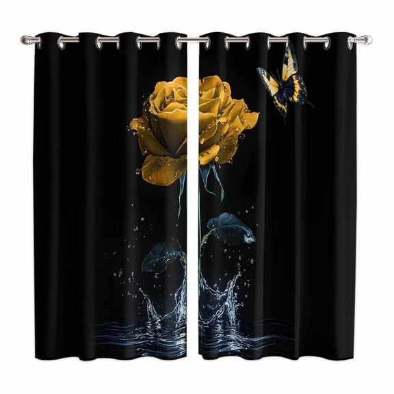 Yellow Roses Kitchen Curtains 84 Inch Length, Modern Art Splash Flowers Butterfly Grommet Top Bedroom Living Room Curtains, Light Filtering Cafe Curtain Drapes 2 Panels Set 104''x84''