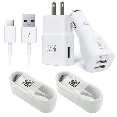 Samsung Galaxy S8, S8+, S9, S9+, S10, Note 8, Note 9 Adaptive Fast Charger USB-C Type-C Cable Kit Fast Charging USB Wall Charger & Car Charger [1 Car Charger + 1 Wall Charger + 2x 4FT Type-C