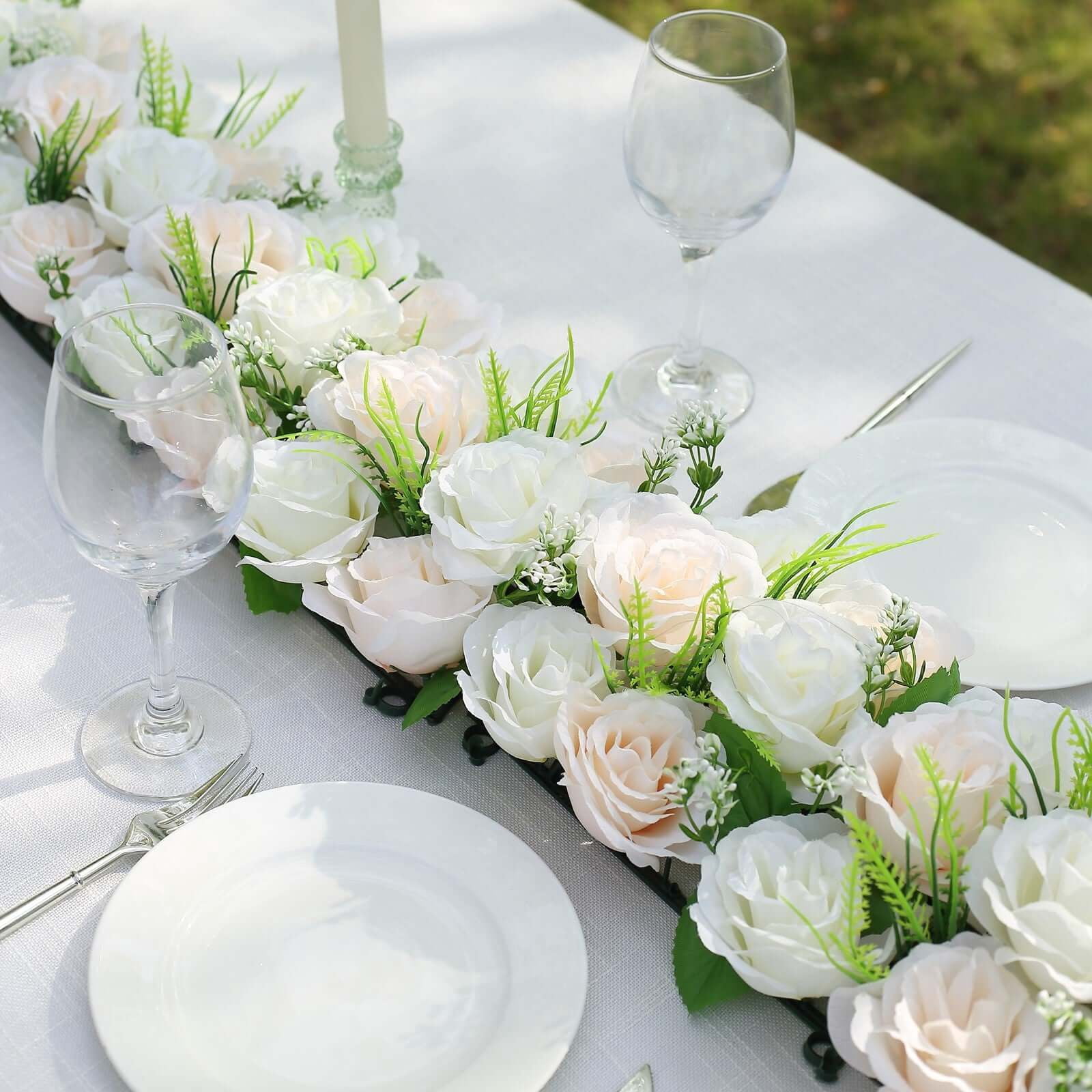 Efavormart 6 Pack Cream Ivory Silk Rose Flower Panel Table Runner, Artificial Floral Arrangements Dining Table Decor - 20"x8"