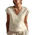 thumbnail image 2 of Women's V-neck Floral Edge Blouse Tops Short Sleeves Loose-fitting Pure Cotton Shirt Lace Trim V Neck Vacation Cap Sleeve Casual Blouses Versatile Short Sleeves Tops Beige M Summer Sales Under $5, 2 of 4
