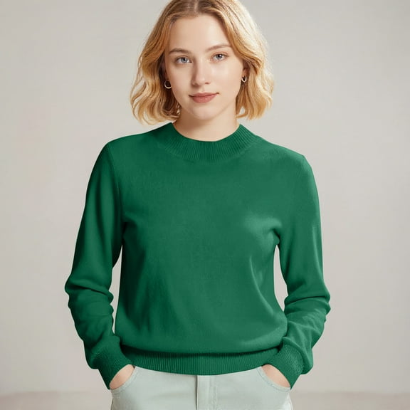 Cozy Sweaters for Women Soft Cable Long-Sleeve Crewneck Tops Dark Green XL