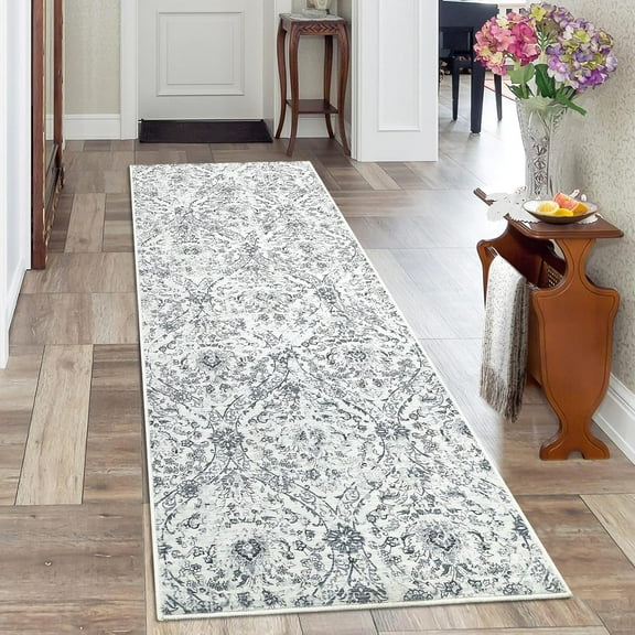 Vintage Farmhouse Runner Rug 2x6 Washable Hallway Runner with Non Slip TPR Rubber Backing, Low Pile Thin & Soft Floral Trellis Pattern, Foldable Stain Resistant Carpet, Beige