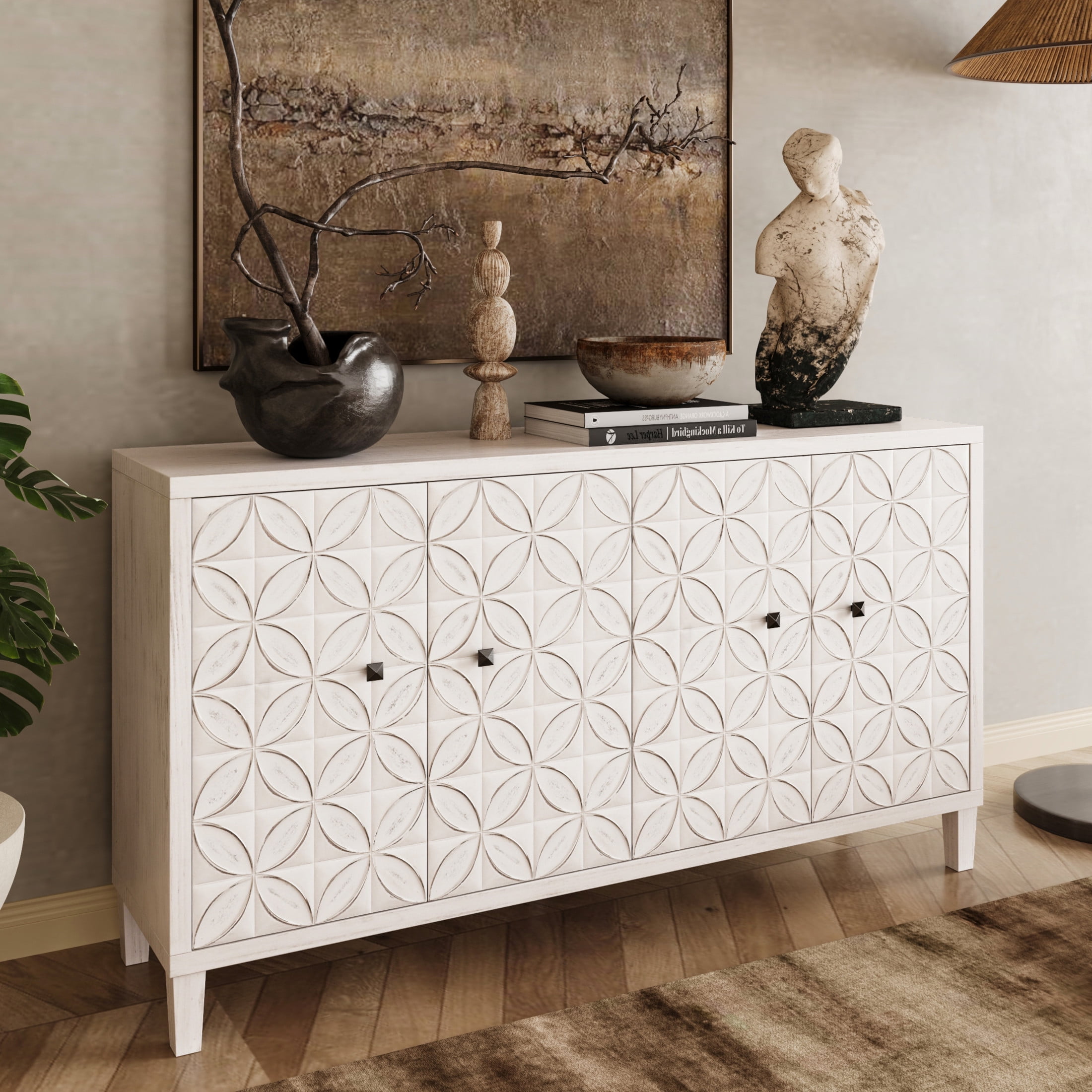 Noble House Shabby Chic Accent Cabinet, 4 Doors with Adjustable Shelves, for Living Room, Dining Room, White Washed