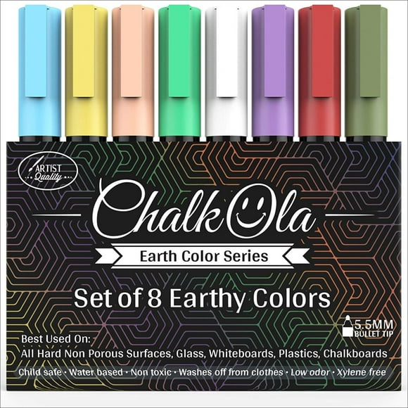 Chalkboard Chalk Markers - Pack of 8 Classic Earth color pens | Dust Free, Water-Based, Non-Toxic | Wet Erase Chalk Ink Pen - 6mm Reversible bullet & chisel Tip 6mm - Earth / Classic