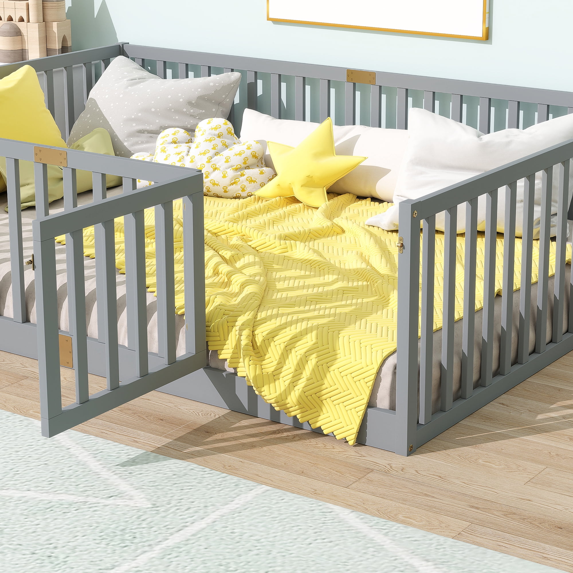 Rubber Wood Full Size Kids Floor Bed with Full High Safety Fence & Access Door, 6 Reinforced Wood Slats Platform Bed No Box Spring Needed for Compact Bedroom