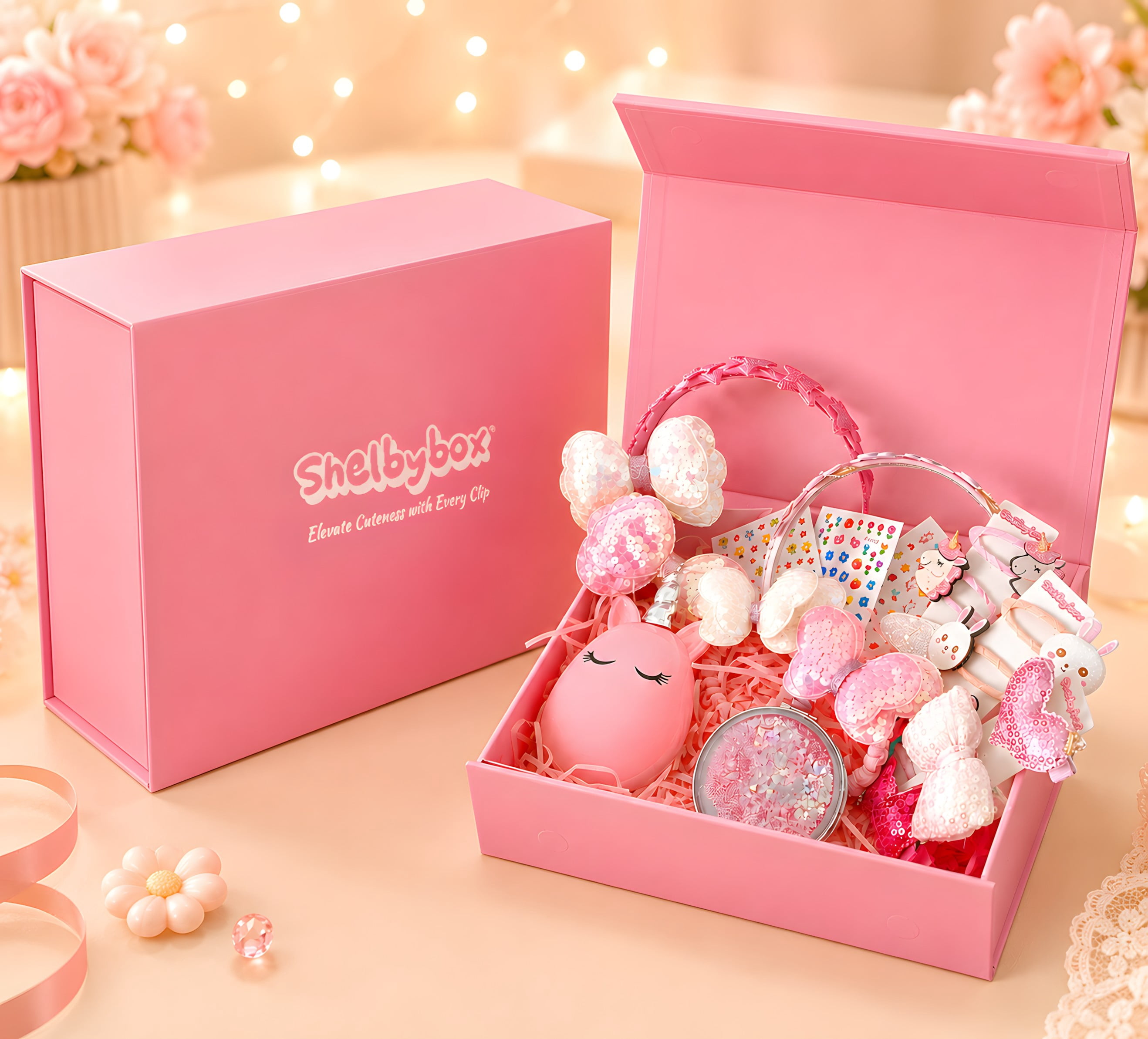 Shelbybox Hair Accessories for Girls Gift Set, 22 Pieces Pink Hair Clips, Barrettes, Ponytail Ties, Bows, Headbands, Mirror & Unicorn Comb, Toddler Hair Set