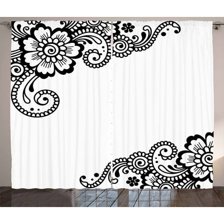 Henna Curtains 2 Panels Set Floral Corner Ornaments With Swirls
