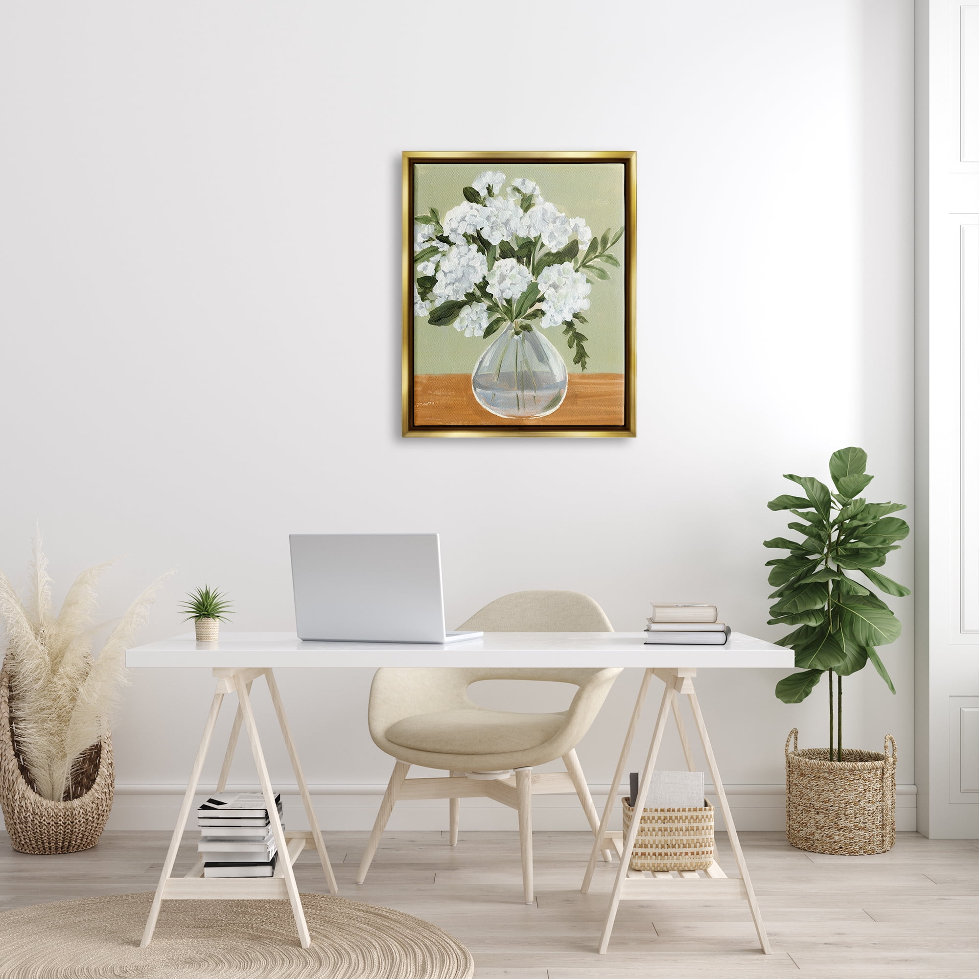 Stupell Industries White Hydrangea Flower Bouquet Vase Still Life Painting Metallic Gold Floating Framed Canvas Print Wall Art, Design by Annie Warren