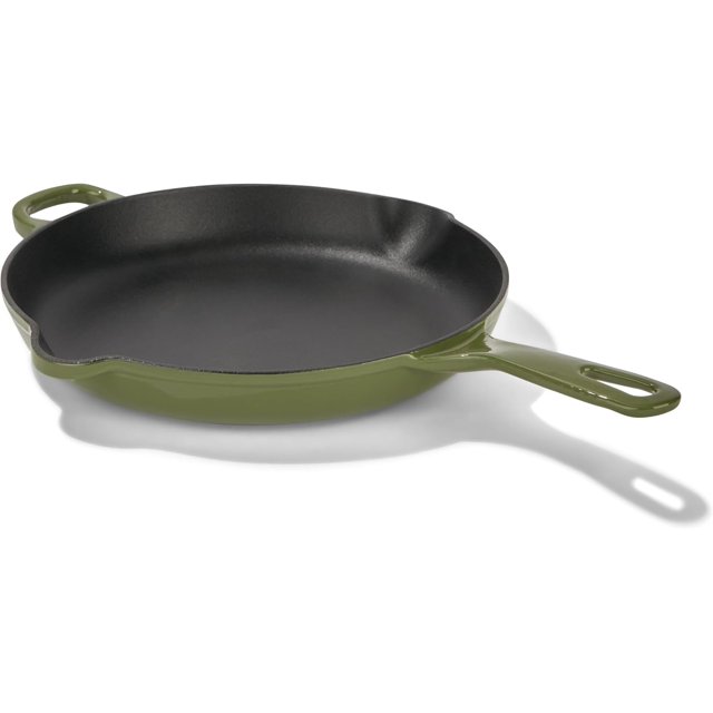 Chuck Hughes Poêle à Frire Ronde en Fonte 26 cm – Poêle Pré-Assaisonnée avec Poignée d'Assistance, Poêle de Cuisson Robuste pour l'Intérieur et l'Extérieur pour Viandes, Légumes et Plats de Déjeuner (Vert Colvert)
