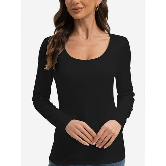 Women Long Sleeve Scoop Neck Slim Fitted Basic Soft T-Shirts