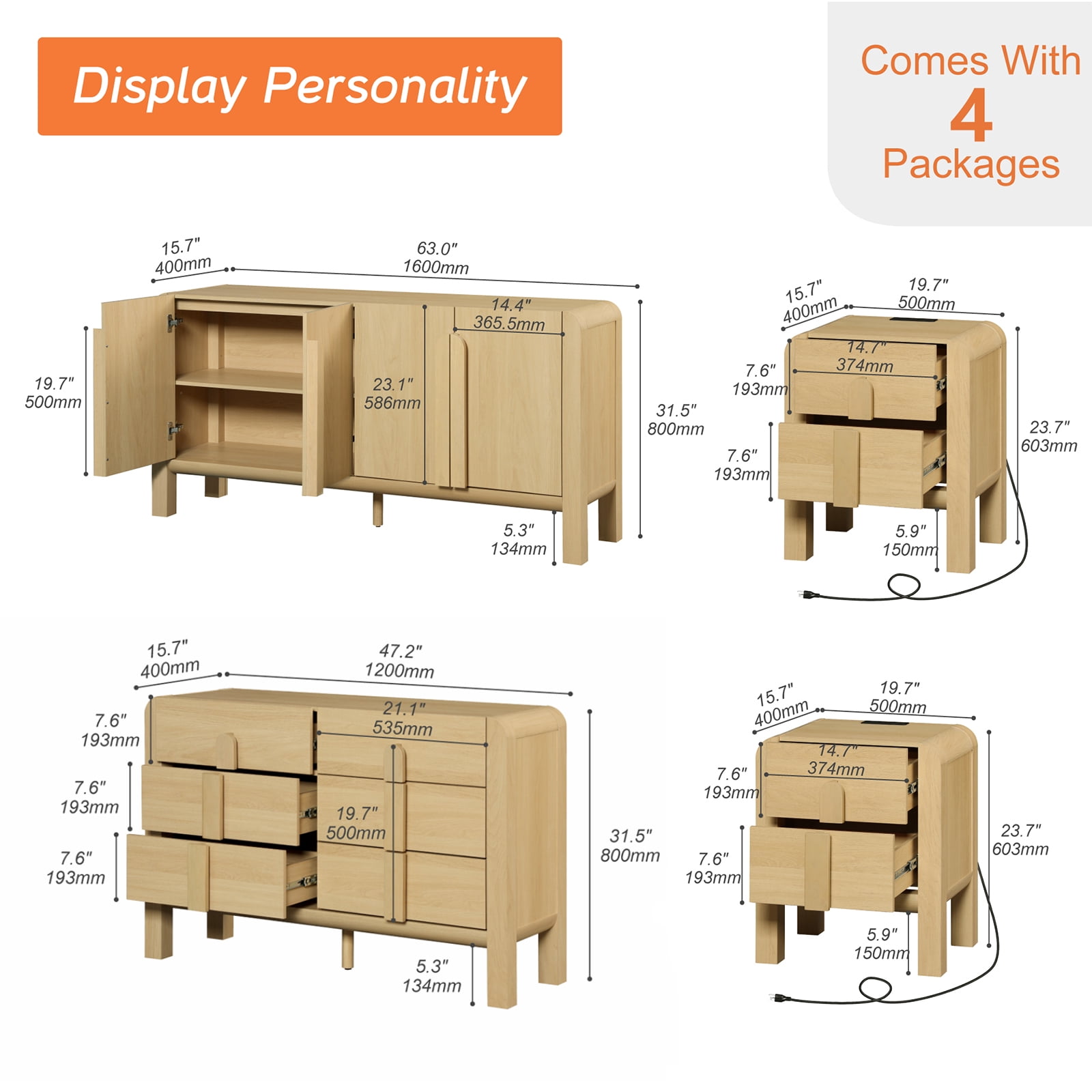 6 Drawer Dresser and Nightstand Sets for Bedroom, 4 Pcs Bedroom Set，Night Stand Set of 2, Modern Accent Chest with Curved Profile Design, Wooden Mid Century Storage Cabinet Set