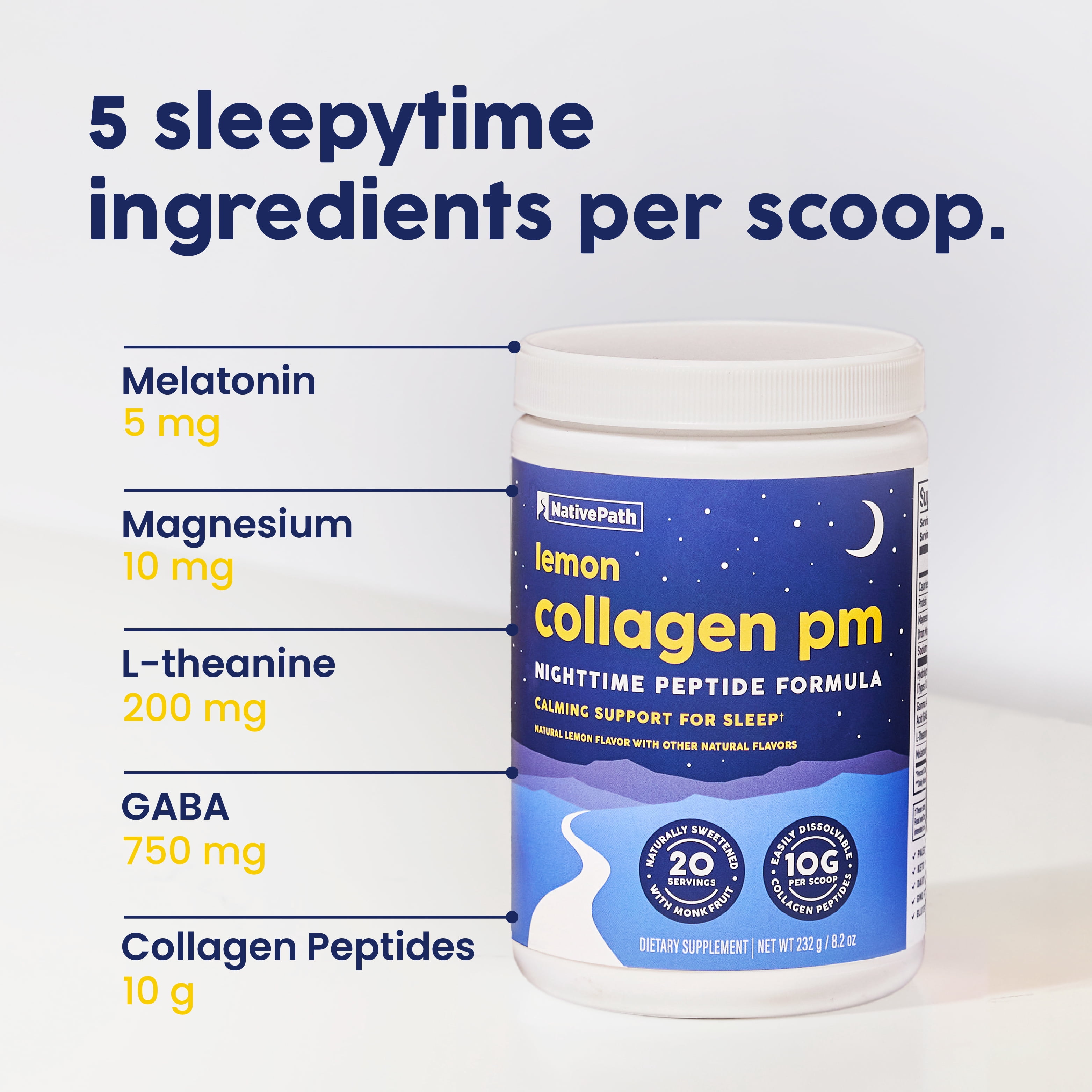 NativePath Collagen PM Lemon, Sleep Support with Melatonin & Magnesium, Gluten-Free, 20 Servings
