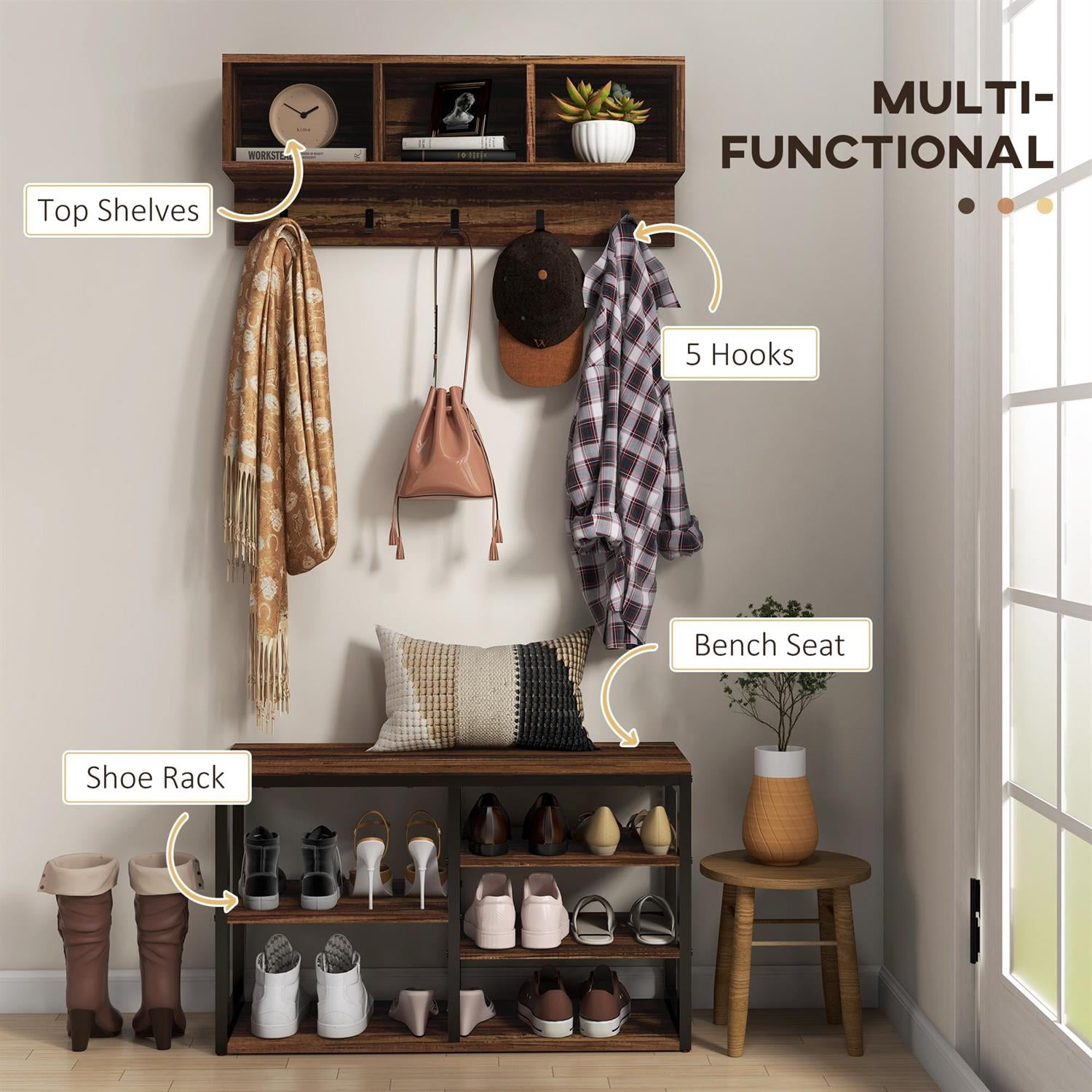 Demi Bonn 31" Hall Tree Bench and Shoe Storage, 2-in-1 Entryway Organizer, Coatrack, Shoe Storage Bench with Seat for Hallway, Brown