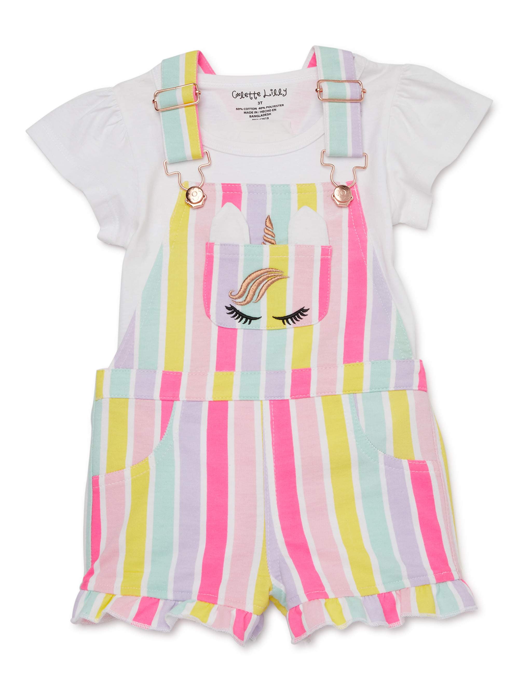 Colette Lilly Girls Unicorn Flower Power 2-Piece Denim Shortalls Set
