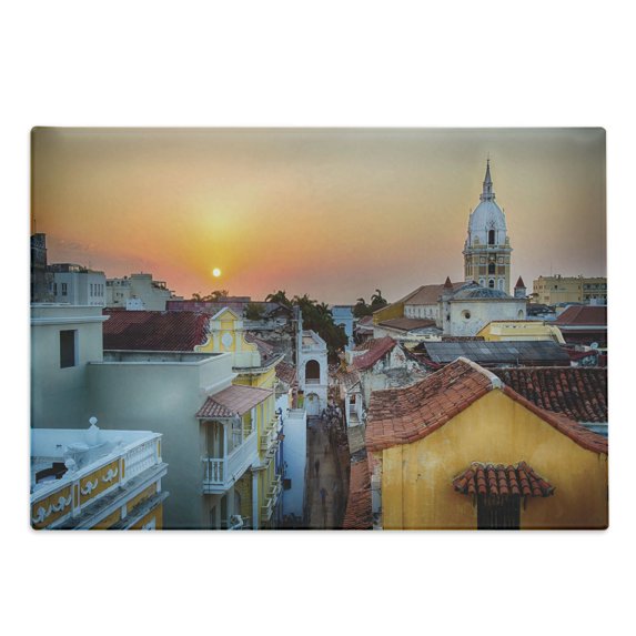 Sunset Cutting Board, View over the Rooftops of the Old City Colombian Coast Picture, Decorative Tempered Glass Cutting and Serving Board, Large Size, Multicolor, by Ambesonne