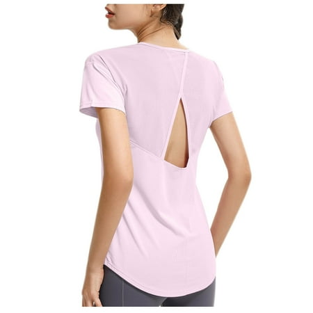 Lovskoo 2024 Women s Workout Shirts Short Sleeve Athletic Shirts Gym Performance T Shirts Round Neck Yoga Tops Purple M