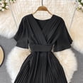 thumbnail image 2 of YM YOUMU Women Faux Wrap V Neck Flutter Short Sleeve Tie Waist Elegant Pleated Midi Flowy Party Dress, 2 of 3