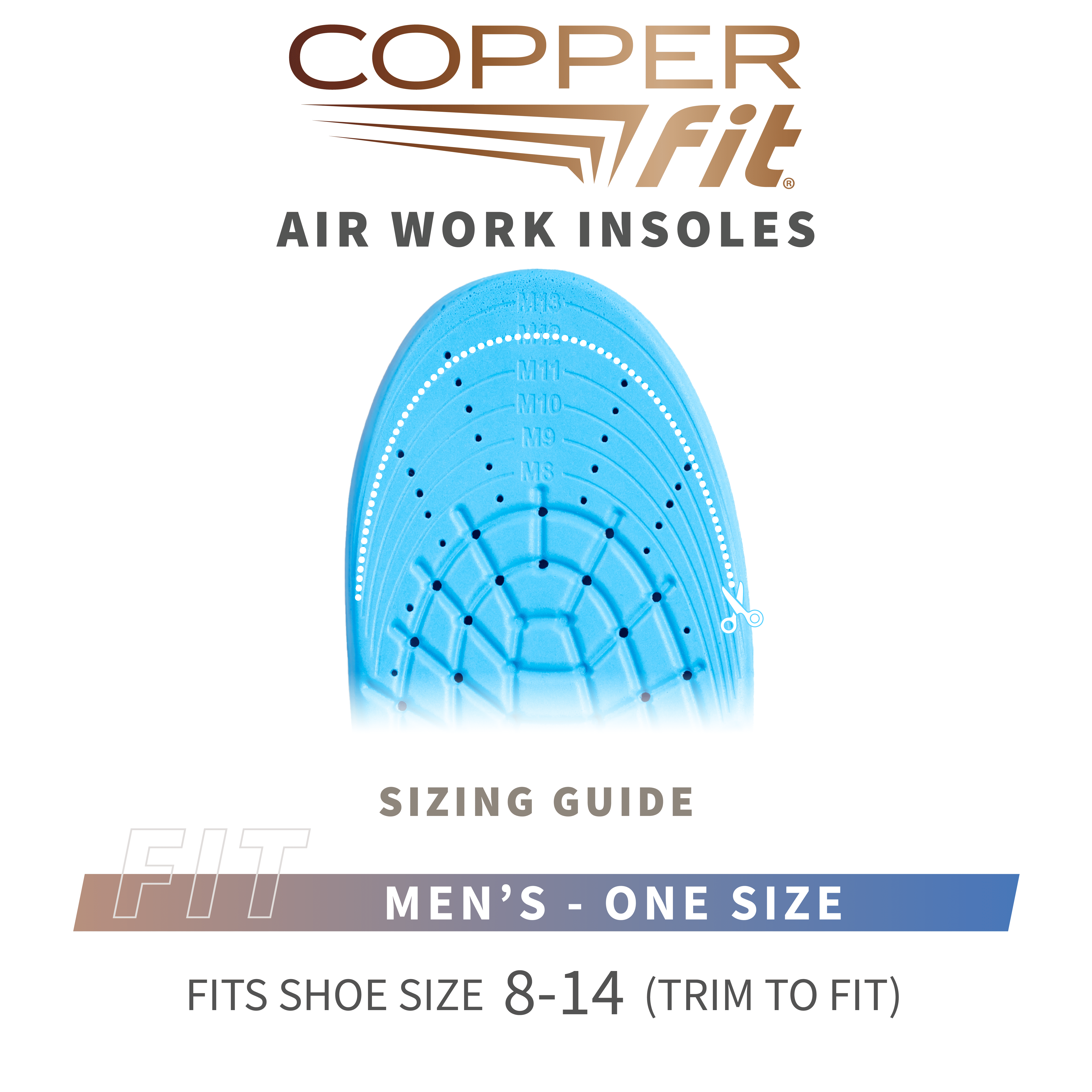 (2 pack) Copper Fit® Anti-Fatigue Work Men's Work Insoles, Ultra Light & Breathable, 8-14