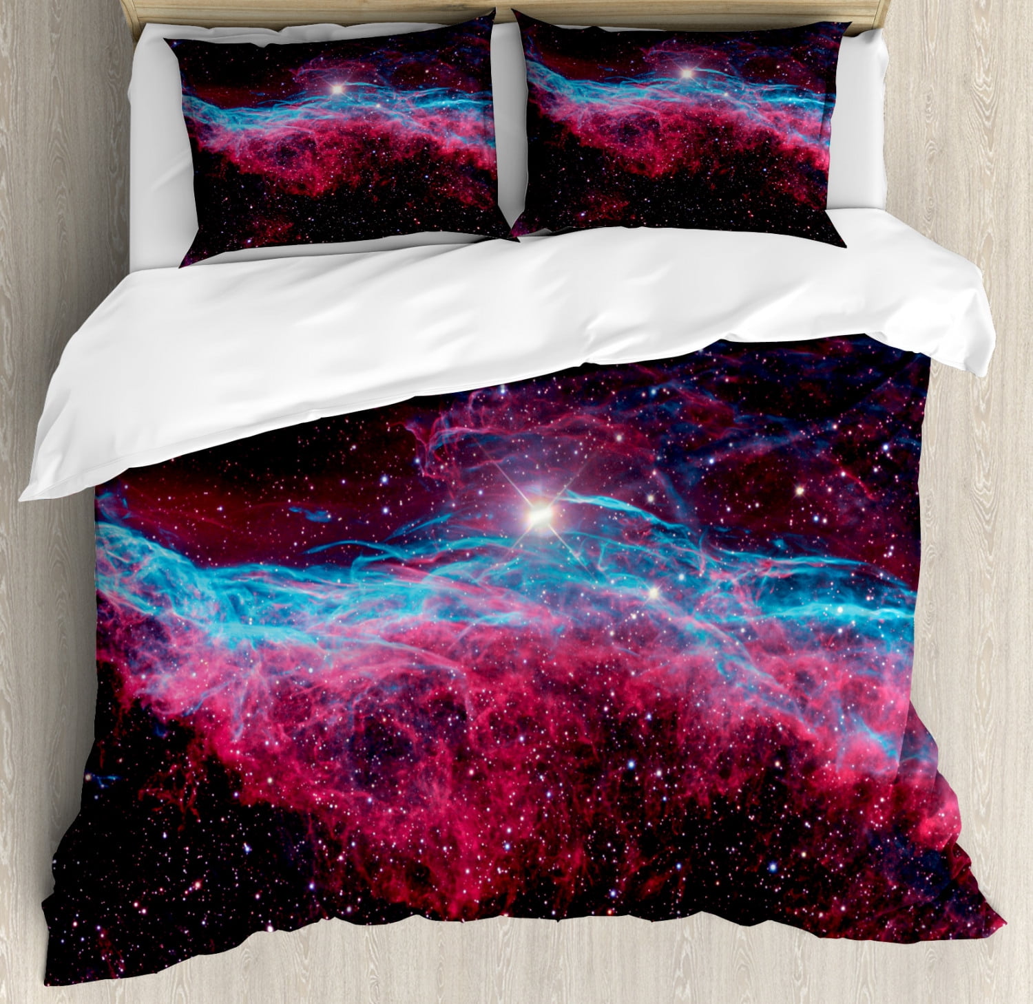 Galaxy Quilted Bedspread & Pillow Shams Set Mother Baby Nebula View Print 