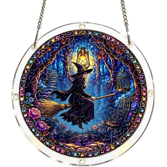 5 Styles Witch Bat Black Cat Haunted House Stained Glass Acrylic Suncatchers, Round Halloween Window Hanging Ornaments Front Door Porch Decor