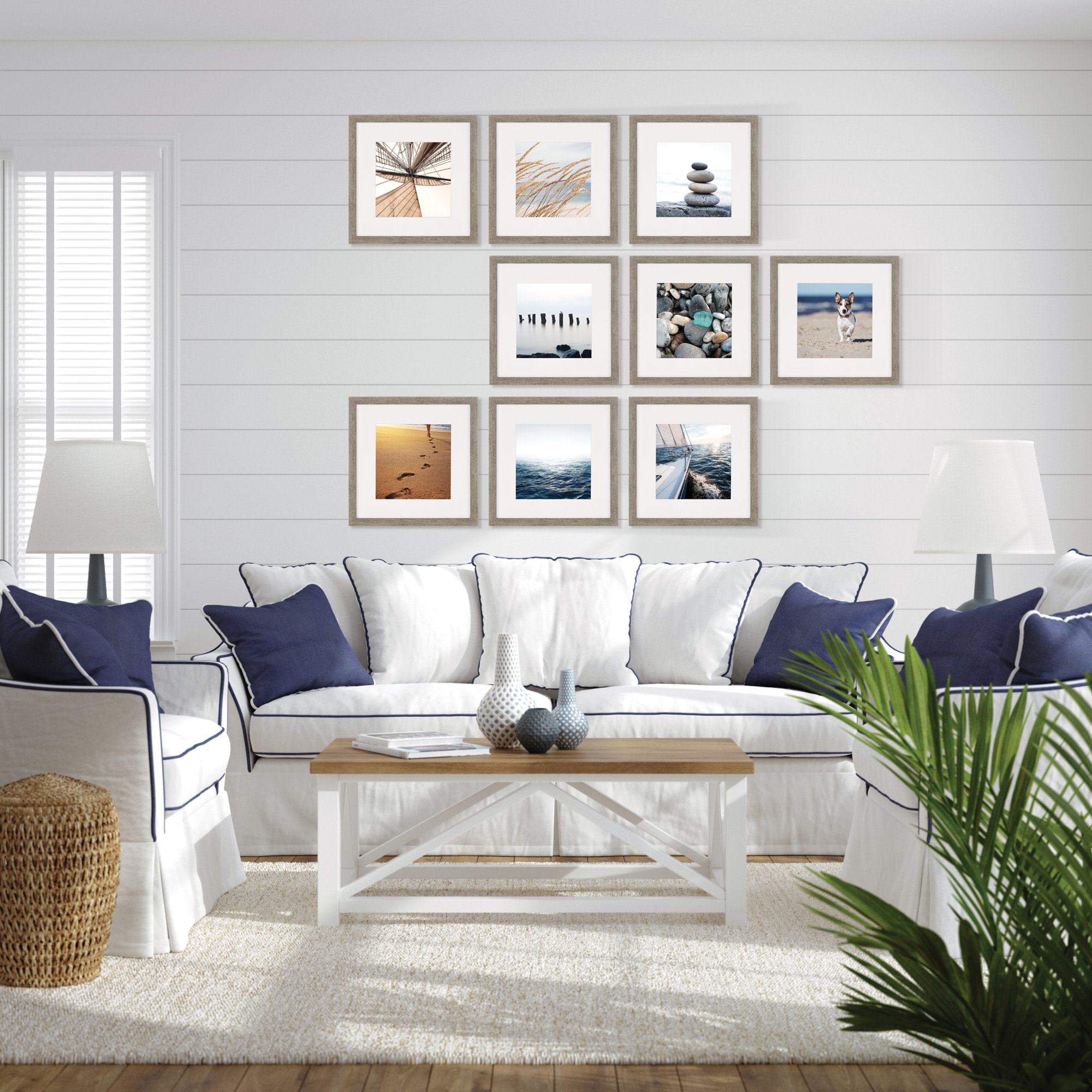 Instapoints 9 Piece Gallery Wall 8" x 8" Picture Frame Set with Decorative Art Prints & Hanging Template