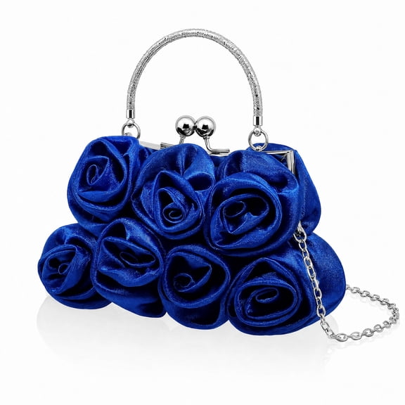 Stcellnmex Dark Blue Women Evening Clutch Small Floral Satin Purse with Detachable Strap for Wedding Party Prom