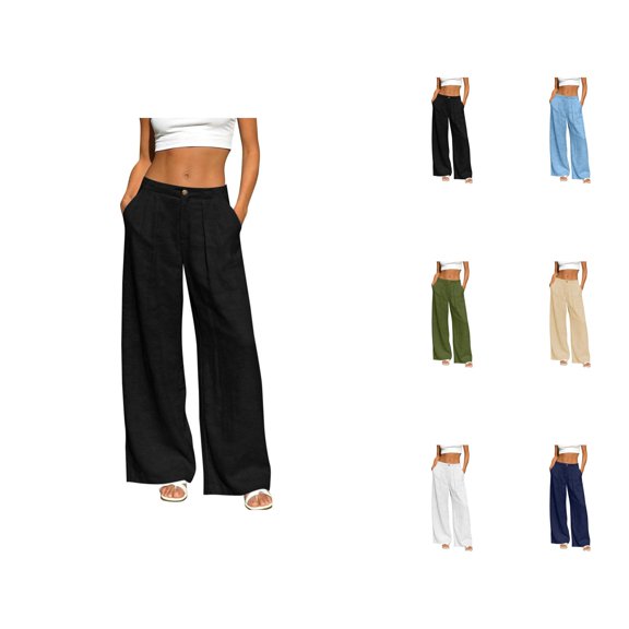 Lightweight Linen Pants Women Summer High Waist Loose Casual Wide Straight Leg Beach Pants Slacks Work Trousers with Pockets