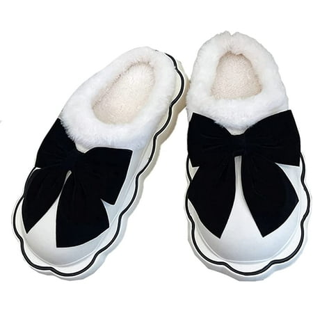 

PIKADINGNIS Women Warm Fluffy Fur Block Heel Cover House Shoes Waterproof Bowknot Fleece Lining Soft Indoor Outdoor Winter Slippers