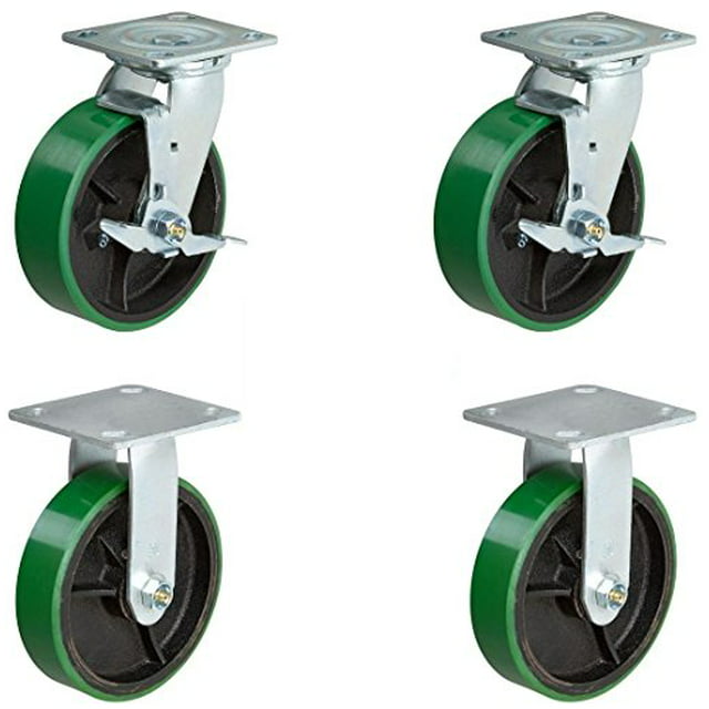 CasterHQ Set Of 4 Heavy Duty Casters - 6 inch x 2 inch Heavy Duty Caster Set - 2 Swivel with Brake and 2 Fixed - Green Polyurethane Tread on Steel Core Set of 4 Heavy Duty Toolbox replacement Casters